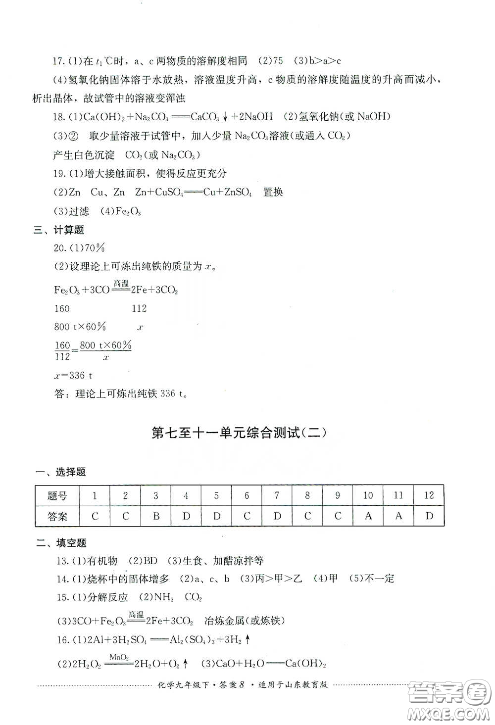 四川教育出版社2020課程標準初中單元測試九年級化學下冊山東教育版答案