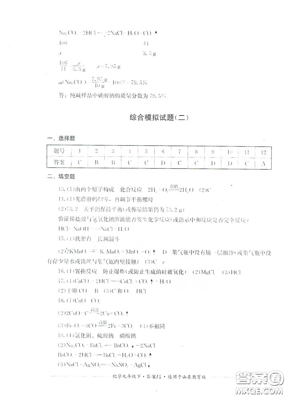 四川教育出版社2020課程標準初中單元測試九年級化學下冊山東教育版答案