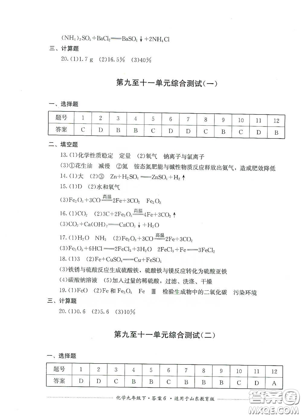 四川教育出版社2020課程標準初中單元測試九年級化學下冊山東教育版答案