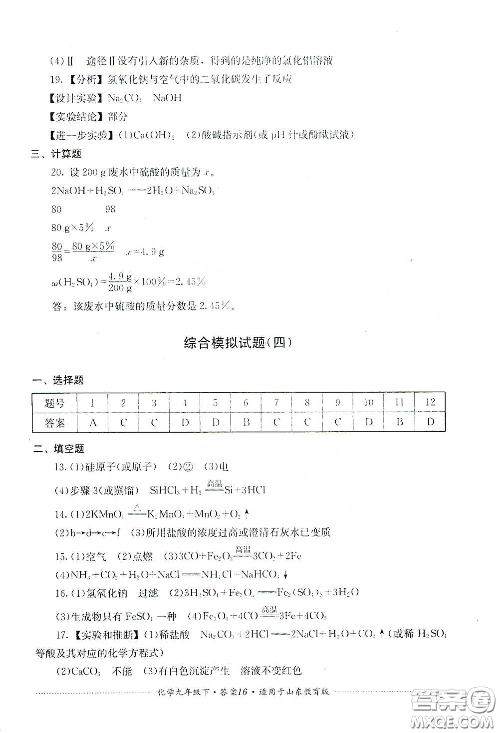 四川教育出版社2020課程標準初中單元測試九年級化學下冊山東教育版答案