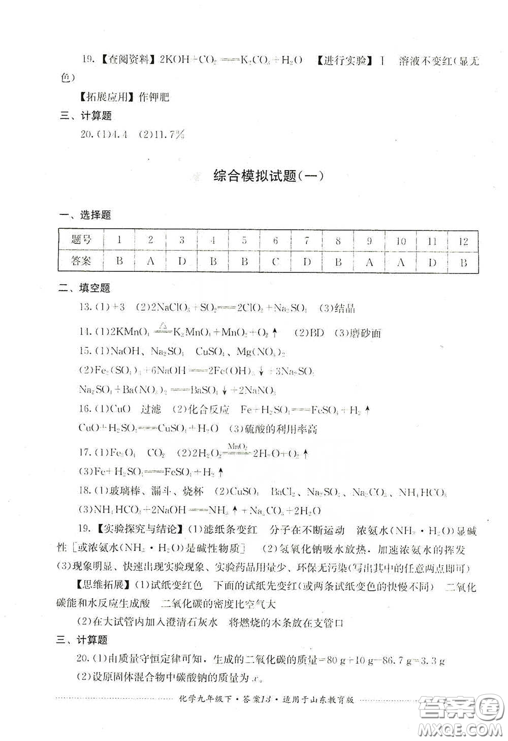 四川教育出版社2020課程標準初中單元測試九年級化學下冊山東教育版答案