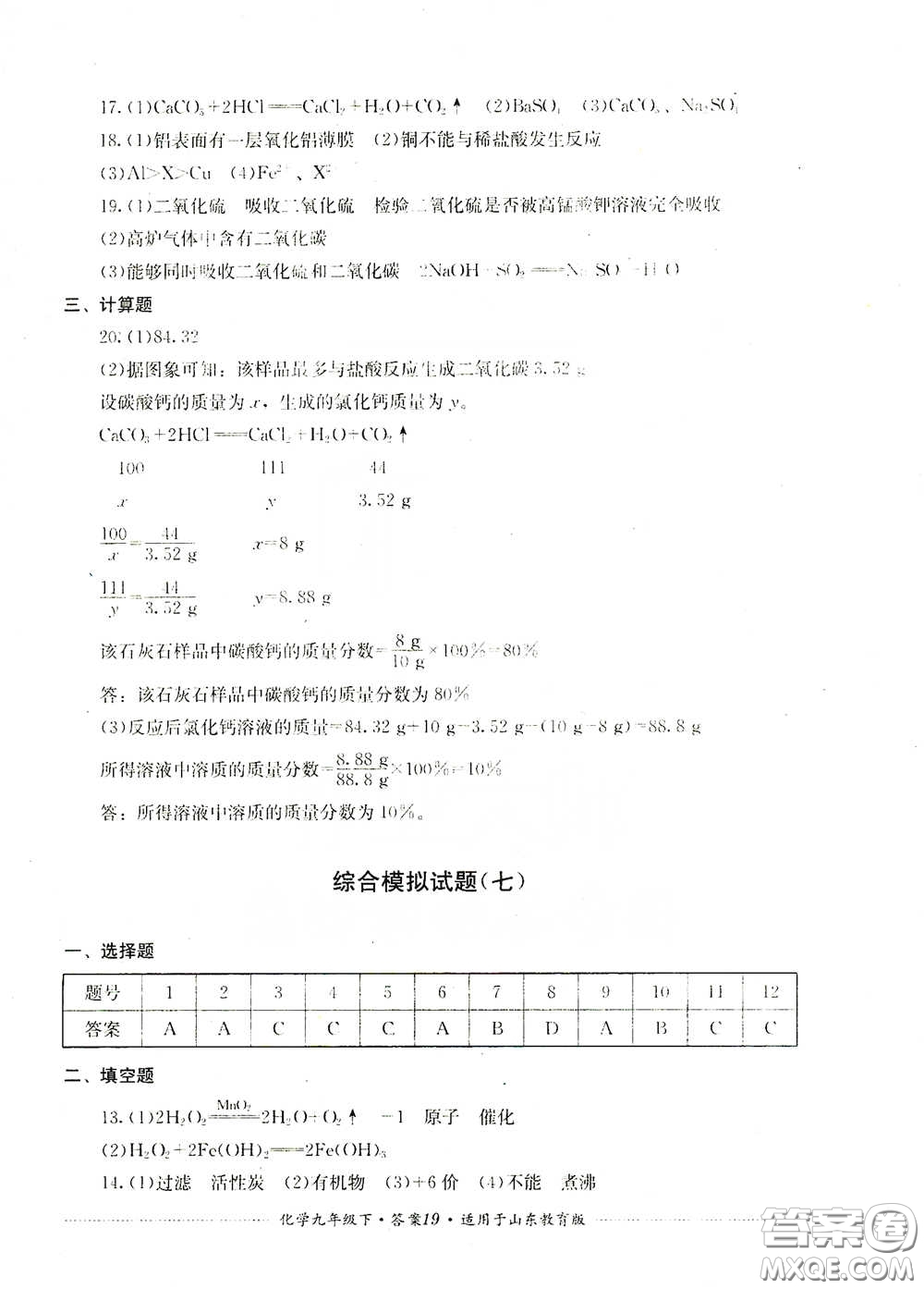 四川教育出版社2020課程標準初中單元測試九年級化學下冊山東教育版答案