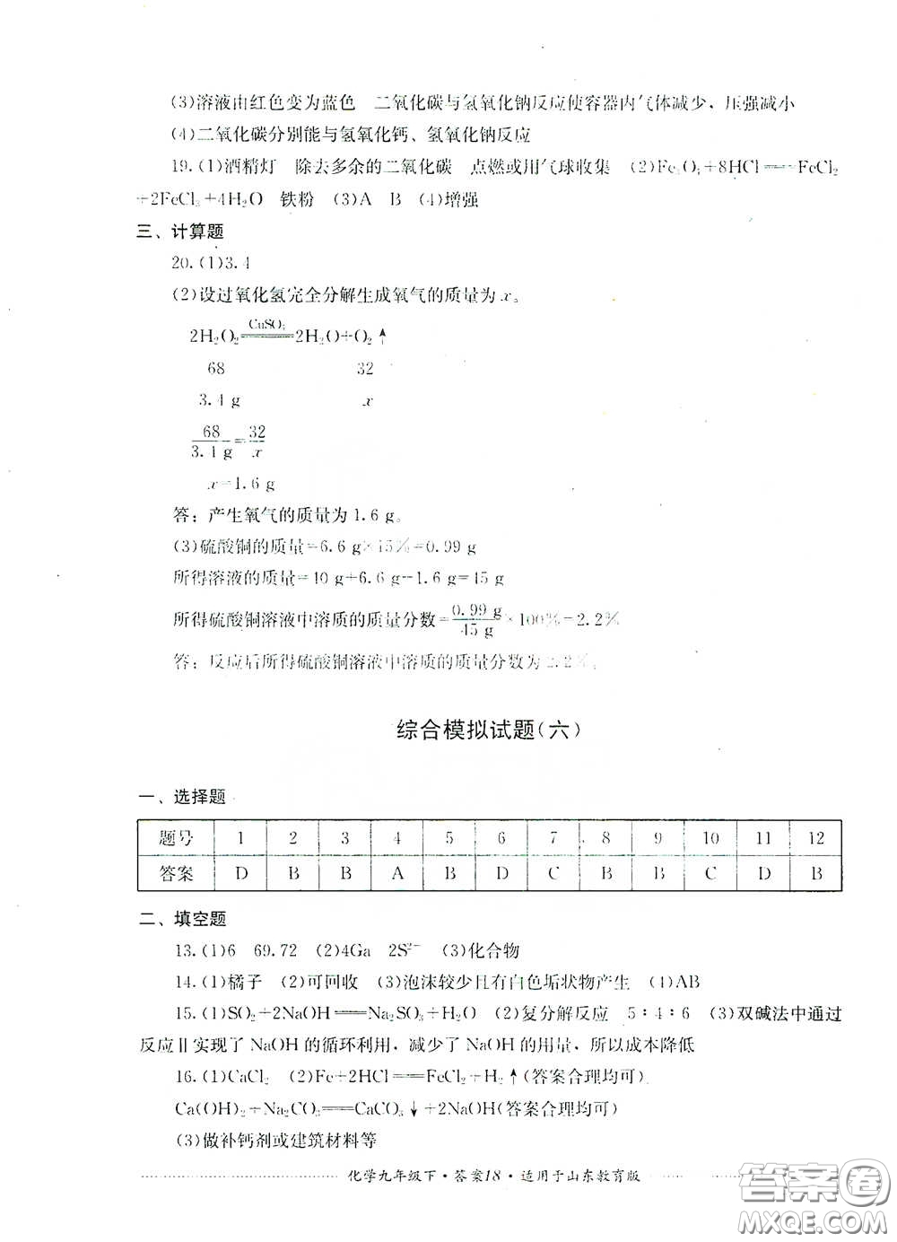 四川教育出版社2020課程標準初中單元測試九年級化學下冊山東教育版答案