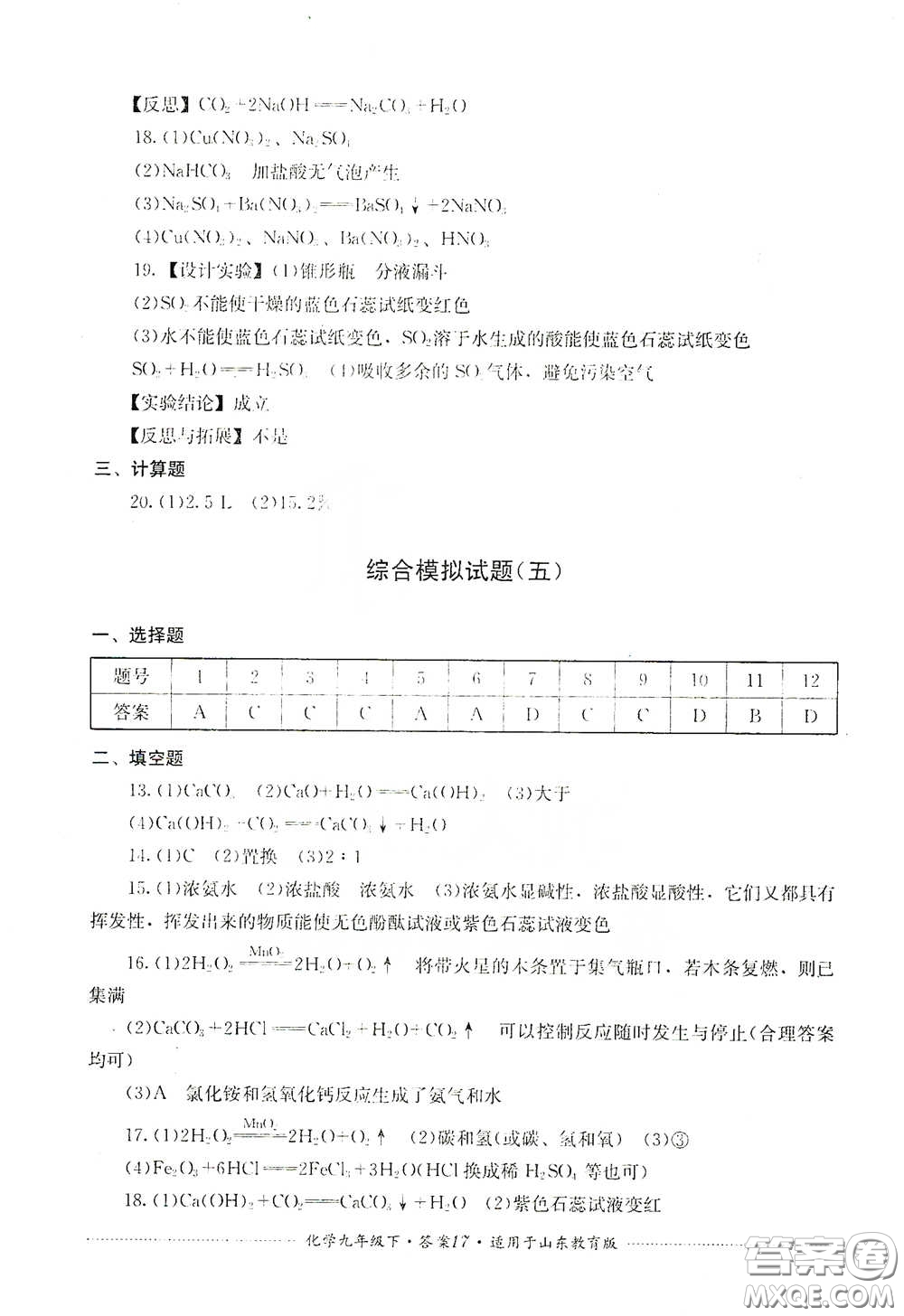 四川教育出版社2020課程標準初中單元測試九年級化學下冊山東教育版答案