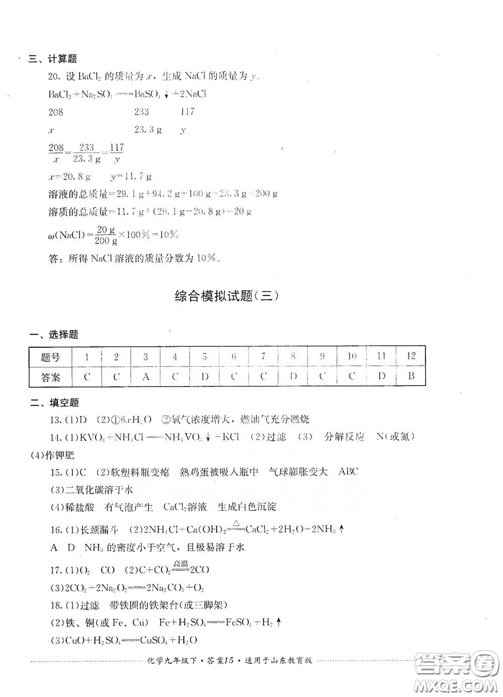 四川教育出版社2020課程標準初中單元測試九年級化學下冊山東教育版答案