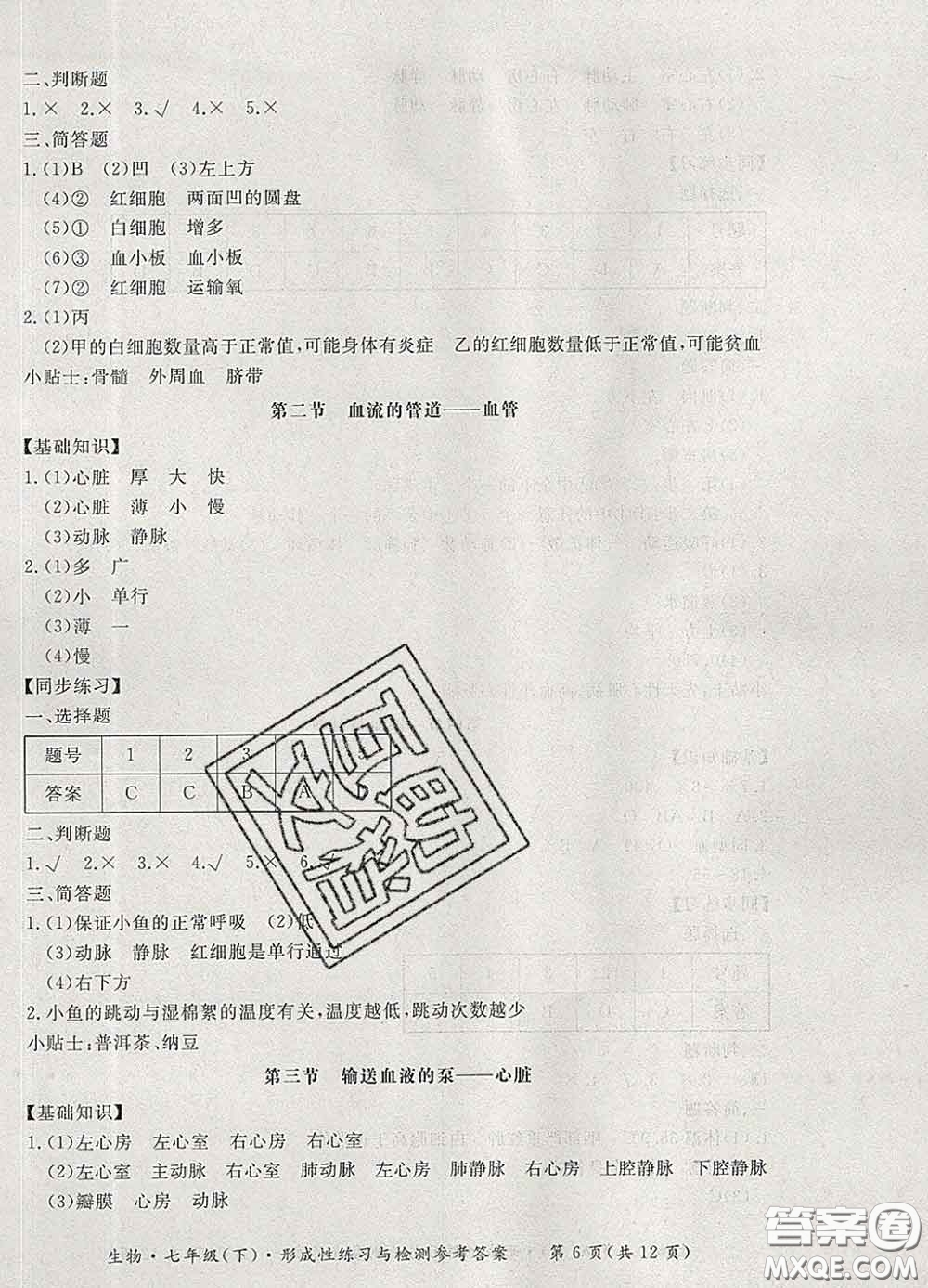 2020新版新課標(biāo)形成性練習(xí)與檢測(cè)七年級(jí)生物下冊(cè)人教版答案