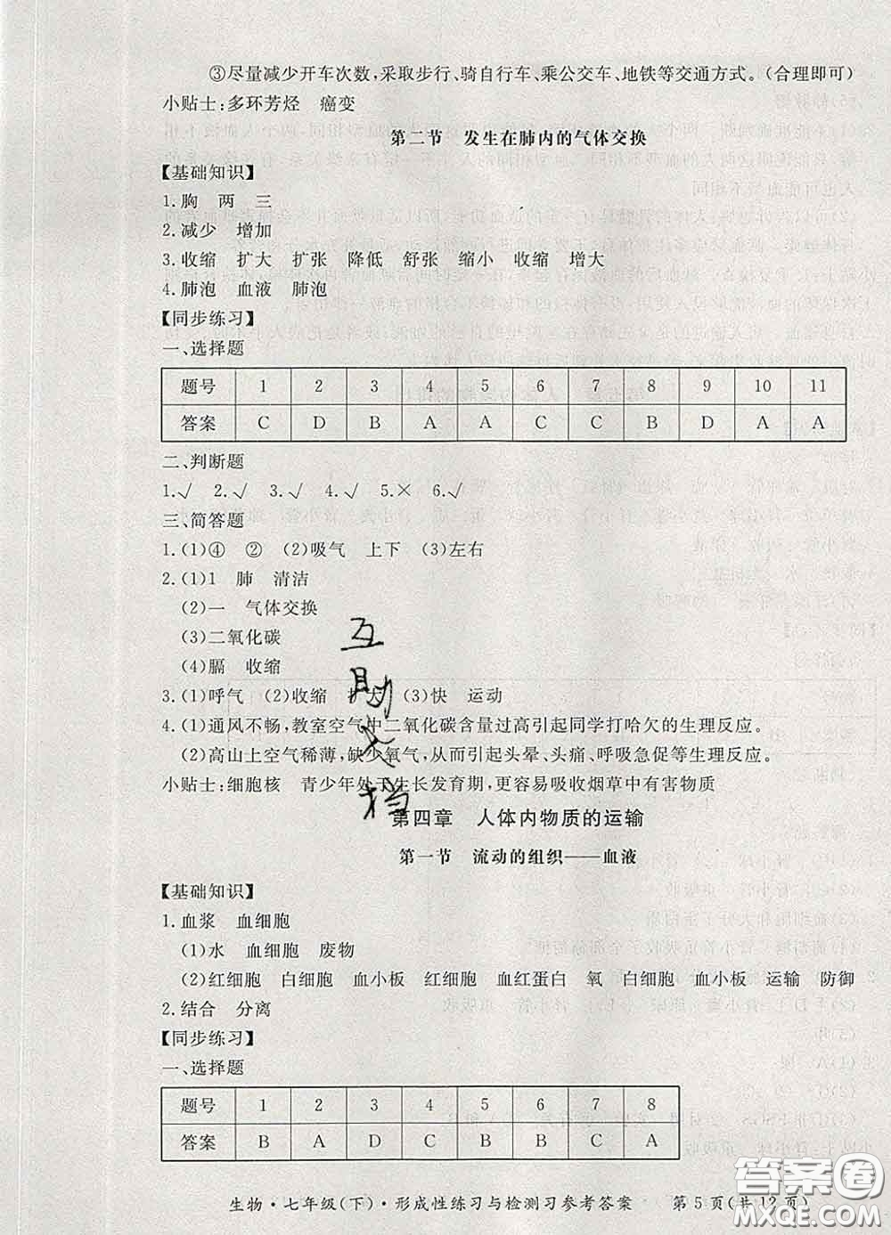 2020新版新課標(biāo)形成性練習(xí)與檢測(cè)七年級(jí)生物下冊(cè)人教版答案