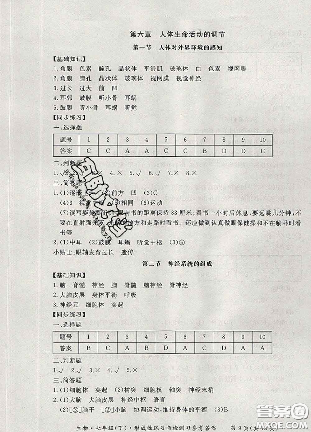 2020新版新課標(biāo)形成性練習(xí)與檢測(cè)七年級(jí)生物下冊(cè)人教版答案