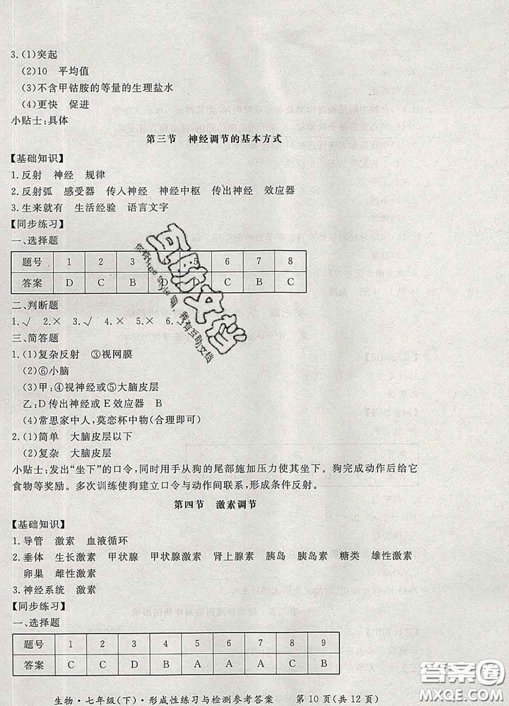 2020新版新課標(biāo)形成性練習(xí)與檢測(cè)七年級(jí)生物下冊(cè)人教版答案