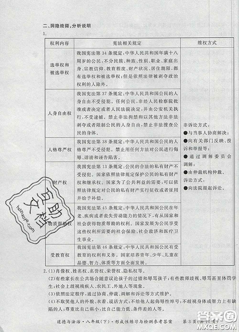 2020新版新課標(biāo)形成性練習(xí)與檢測八年級道德與法治下冊人教版答案