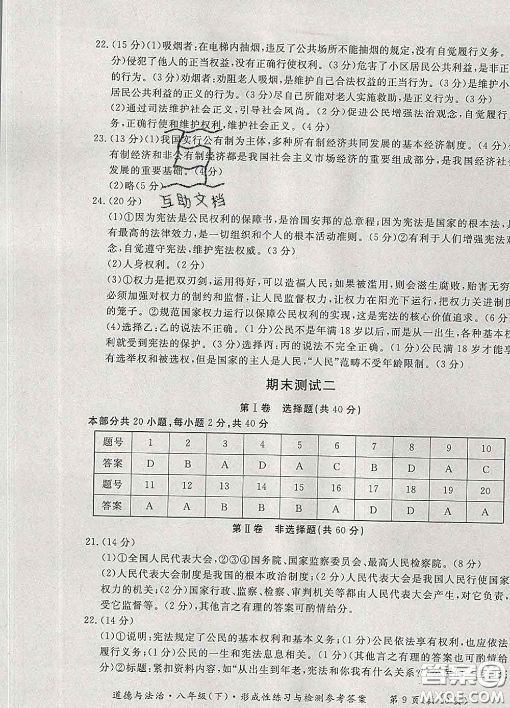 2020新版新課標(biāo)形成性練習(xí)與檢測八年級道德與法治下冊人教版答案