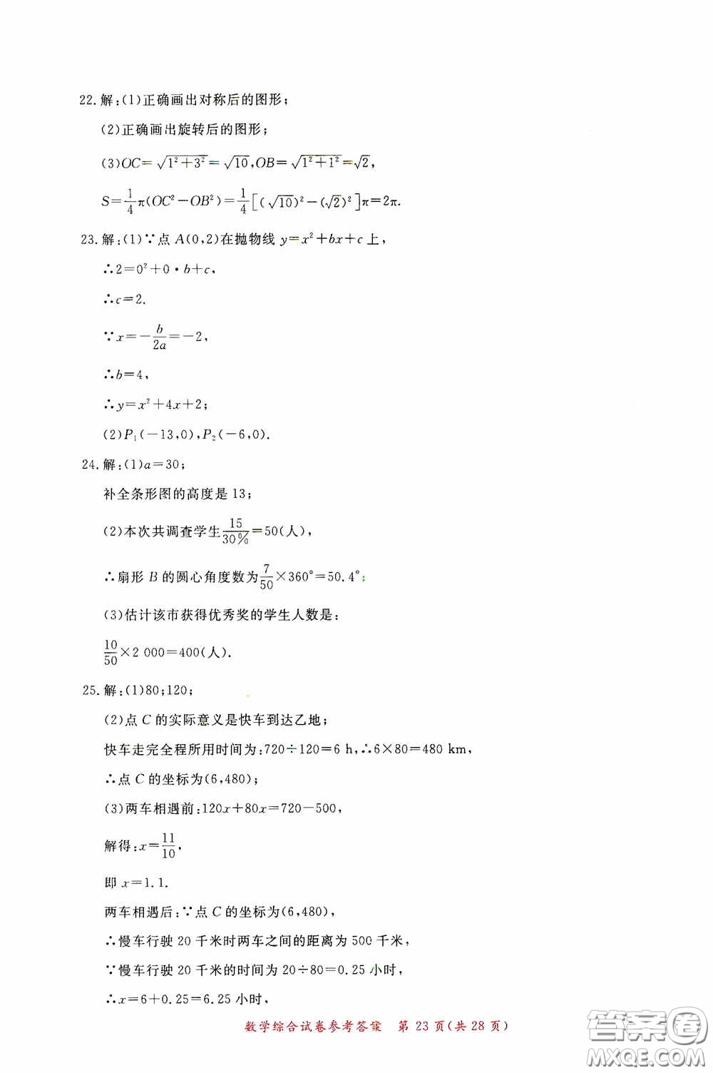 2020年資源與評價全程總復(fù)習(xí)數(shù)學(xué)綜合試卷答案