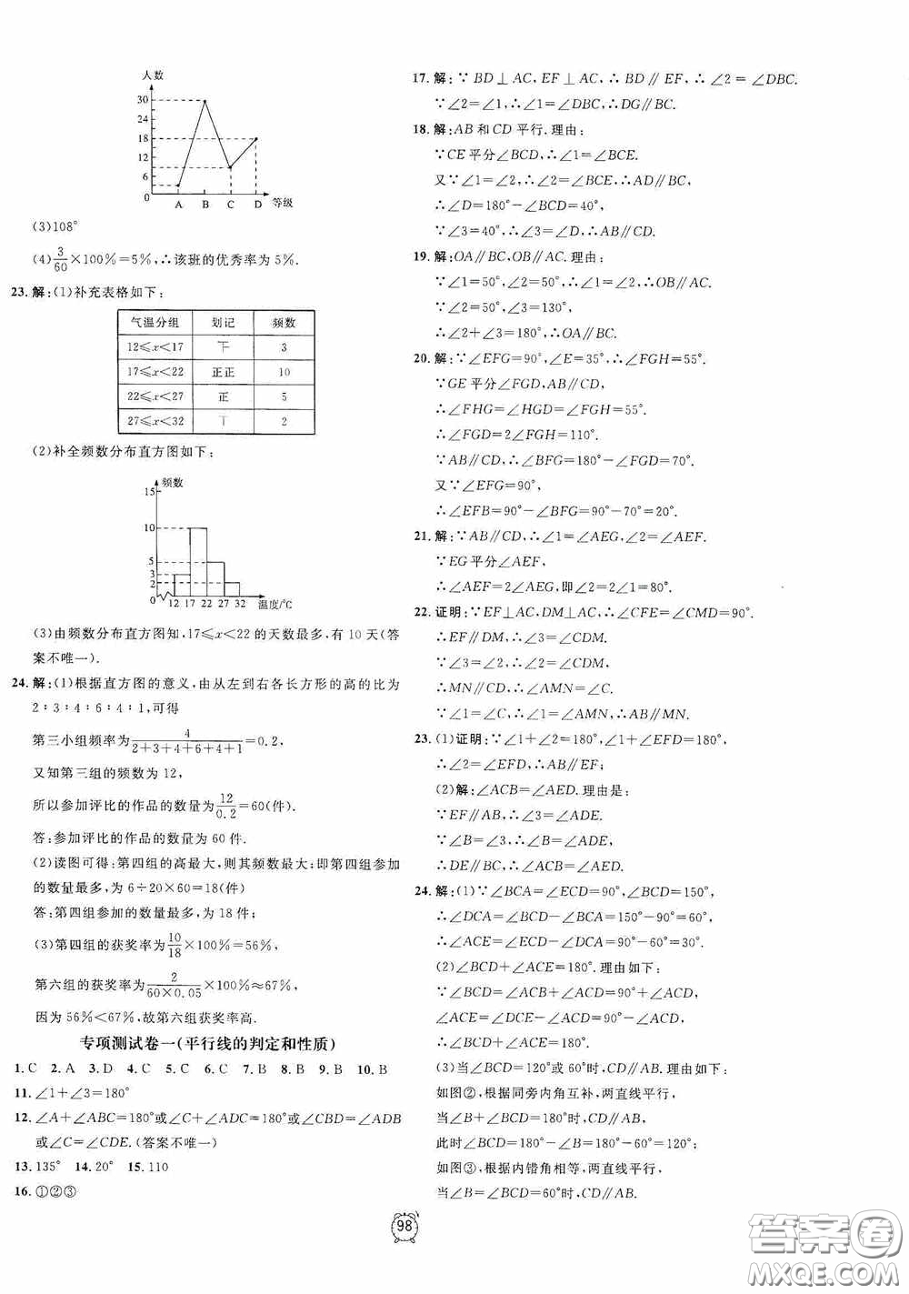 鐘書金牌2020過關(guān)沖刺100分七年級(jí)數(shù)學(xué)下冊(cè)浙教版答案