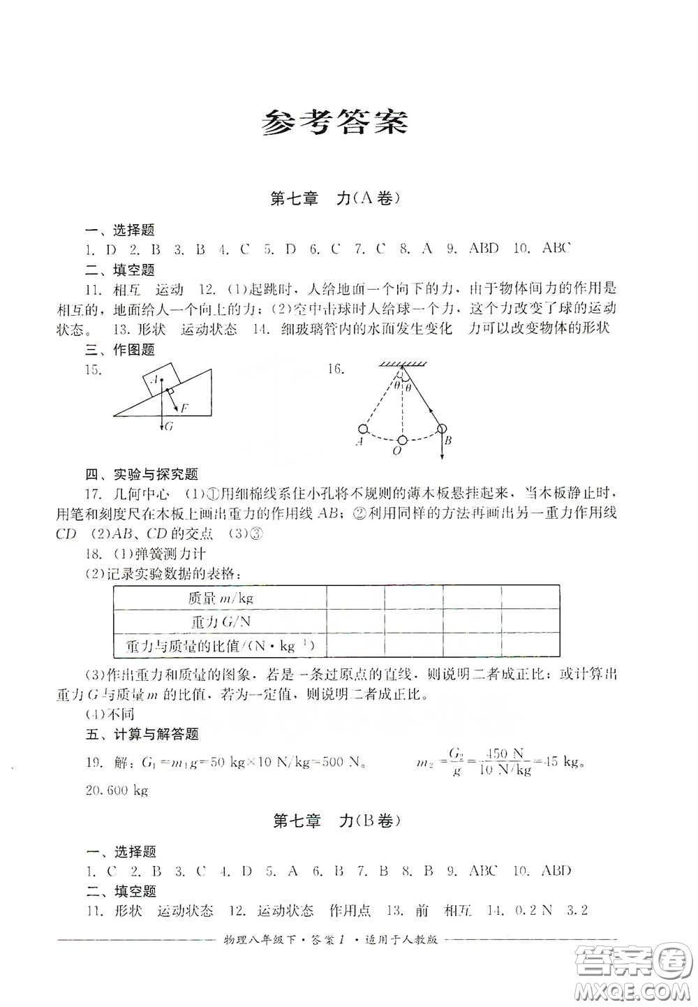 四川教育出版社2020單元測評八年級物理下冊人教版答案