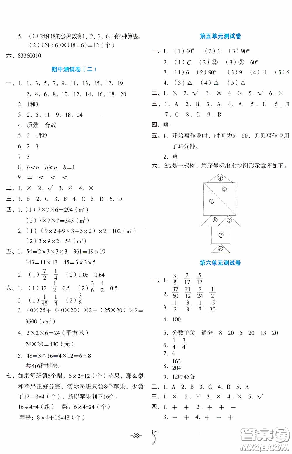 湖南教育出版社2020湘教考苑單元測(cè)試卷五年級(jí)數(shù)學(xué)下冊(cè)人教版答案