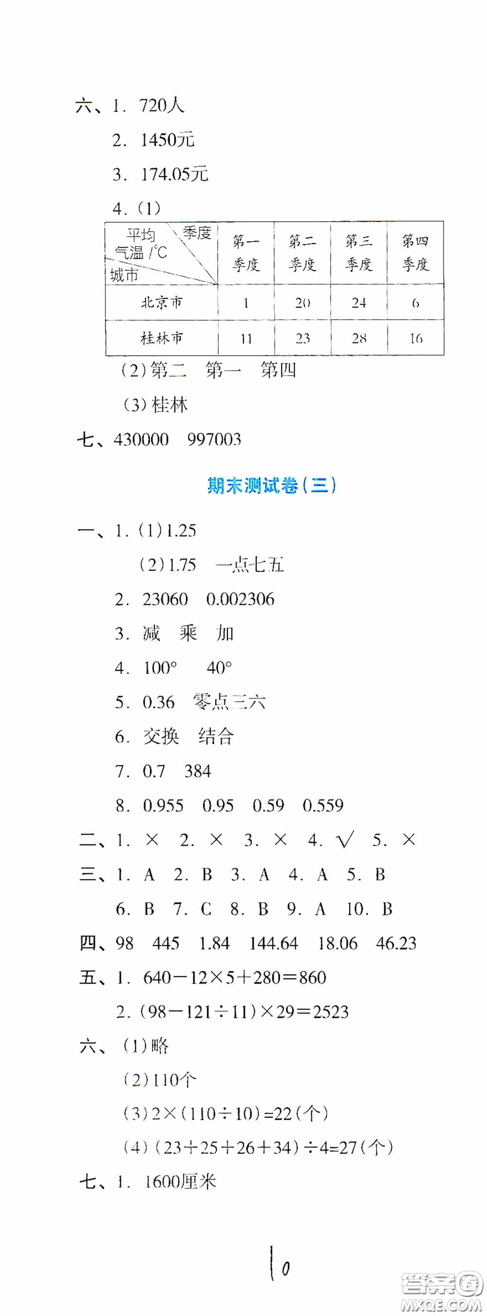 湖南教育出版社2020湘教考苑單元測(cè)試卷四年級(jí)數(shù)學(xué)下冊(cè)人教版答案