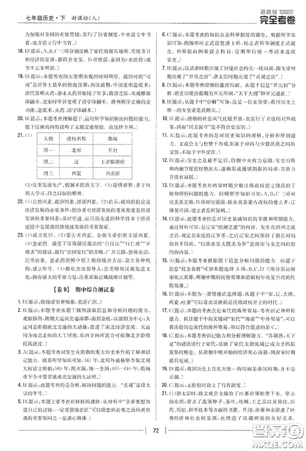 吉林人民出版社2020新教材完全考卷七年級歷史下冊人教版答案