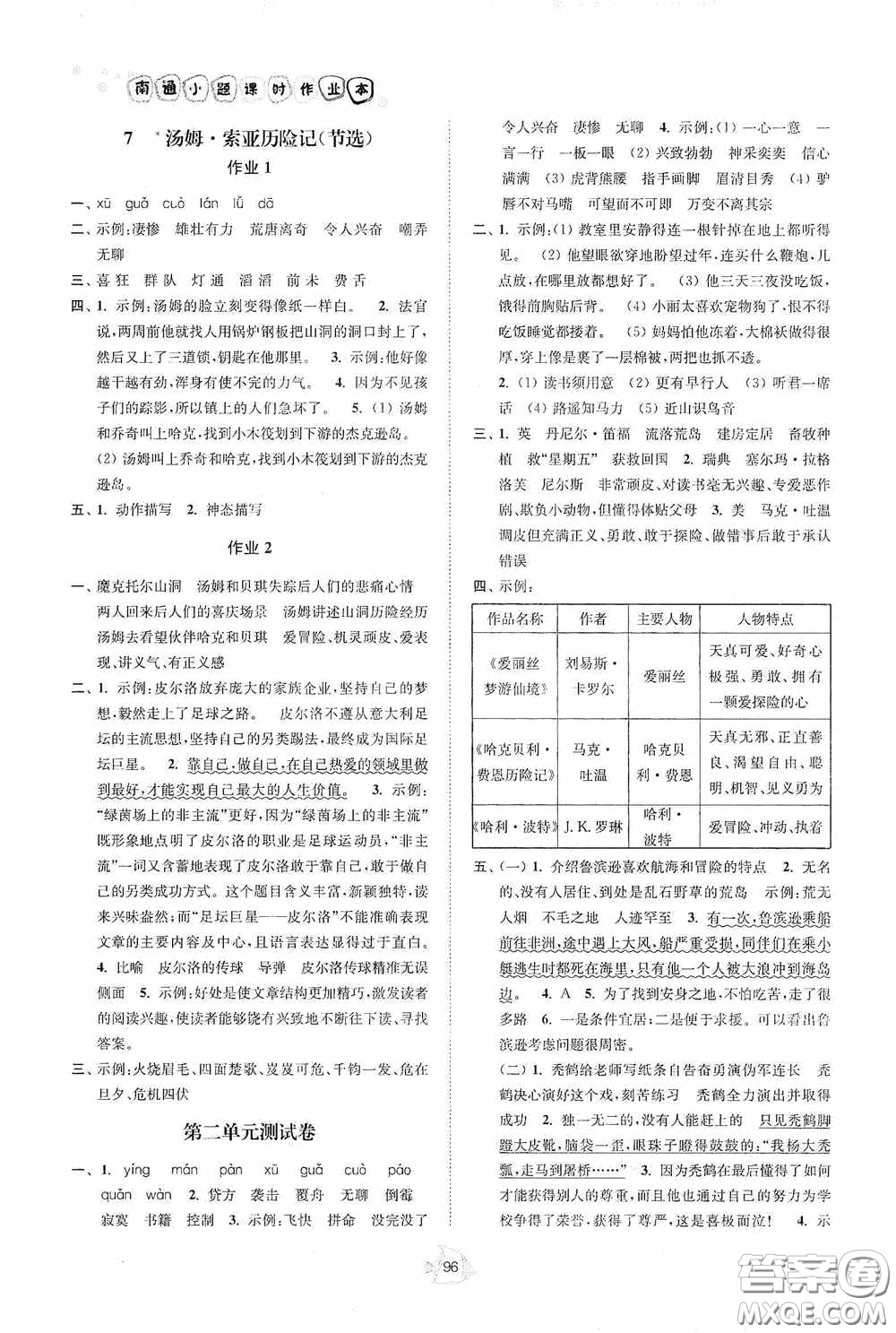 江蘇人民出版社2020南通小題課時作業(yè)本六年級語文下冊答案