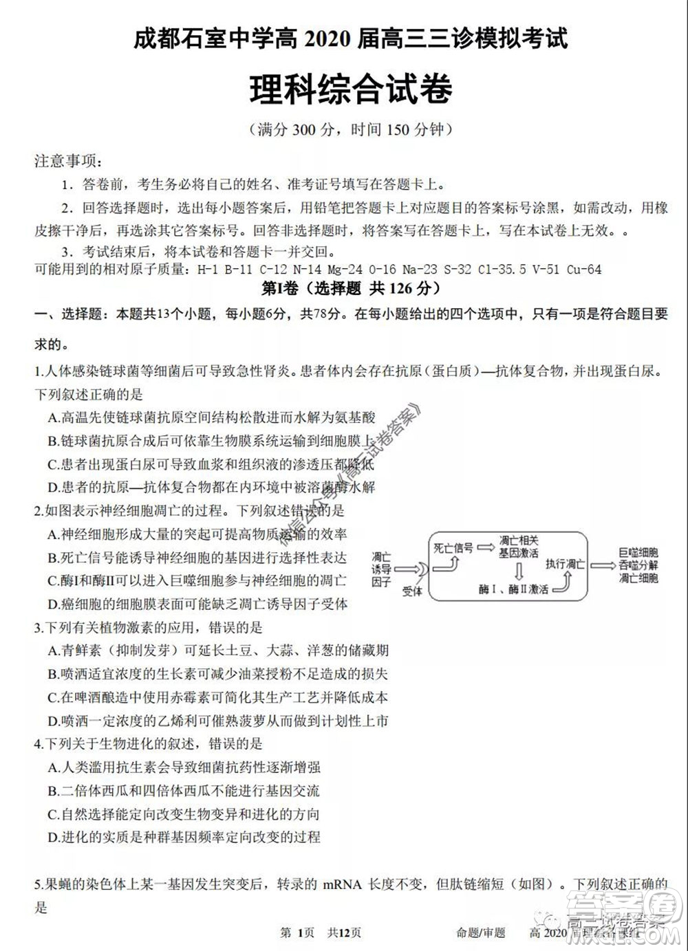 成都石室中學(xué)高2020屆高三三診模擬考試?yán)砜凭C合試題及答案