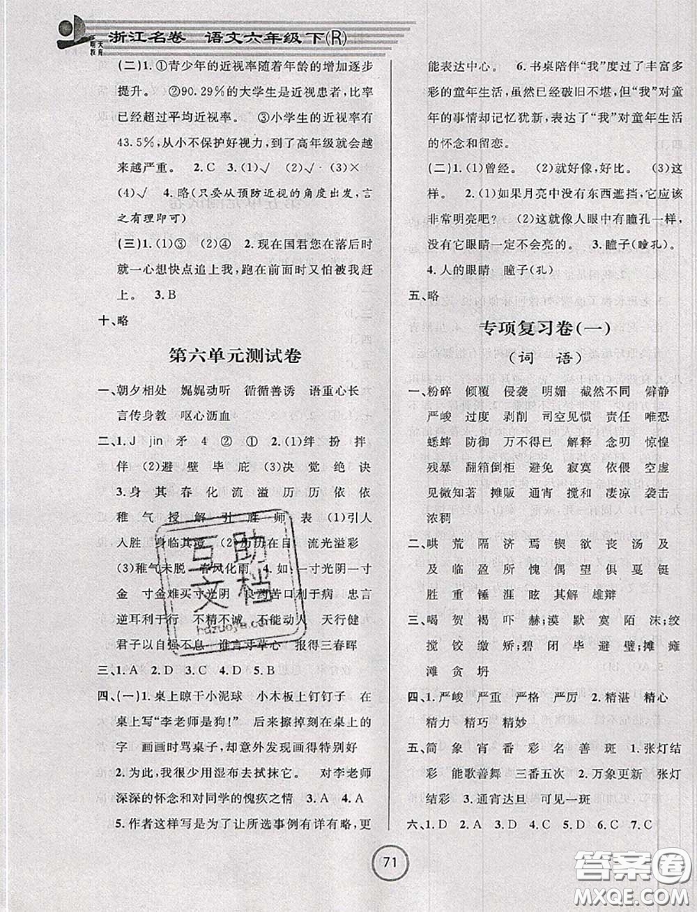 浙江大學(xué)出版社2020春浙江名卷六年級語文下冊人教版答案