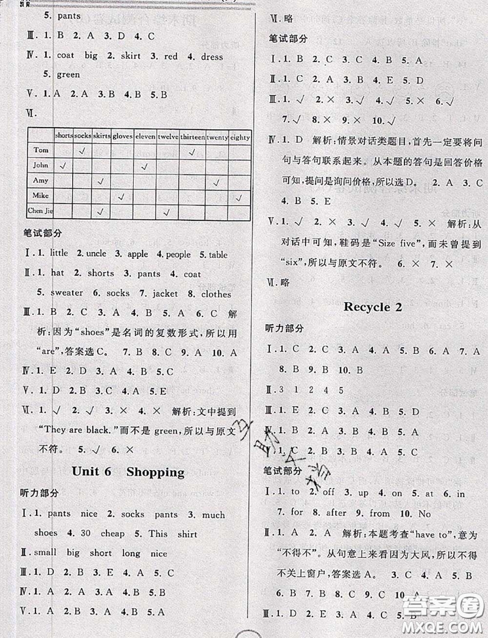 浙江大學(xué)出版社2020春浙江名卷四年級英語下冊人教版答案