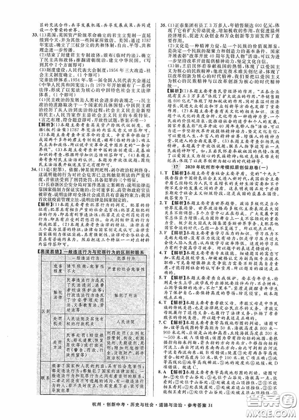 浙江工商大學出版社2020創(chuàng)新中考杭州市中考試題精編歷史與社會道德與法治答案