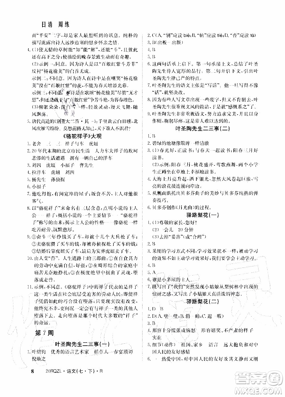 2020年日清周練限時提升卷語文七年級下冊R人教版參考答案