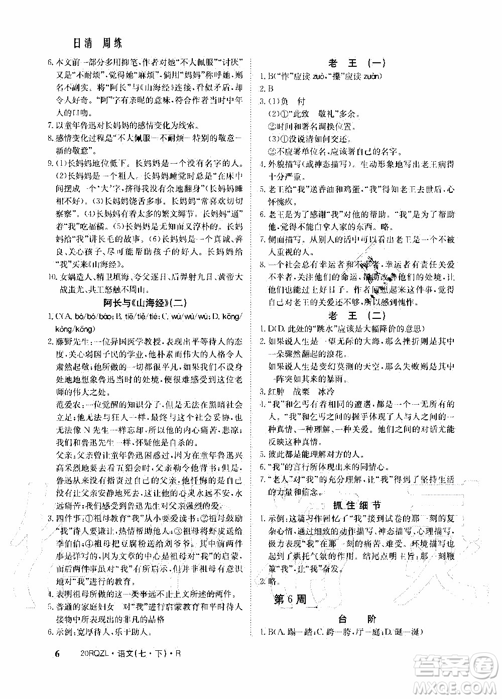 2020年日清周練限時提升卷語文七年級下冊R人教版參考答案