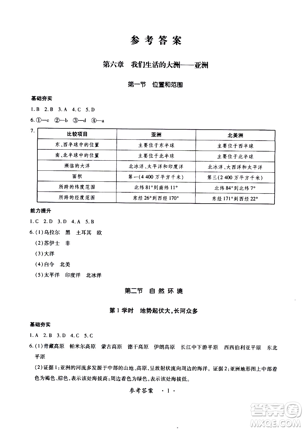 2020年一課一案創(chuàng)新導(dǎo)學(xué)地理七年級(jí)下冊(cè)人教版參考答案