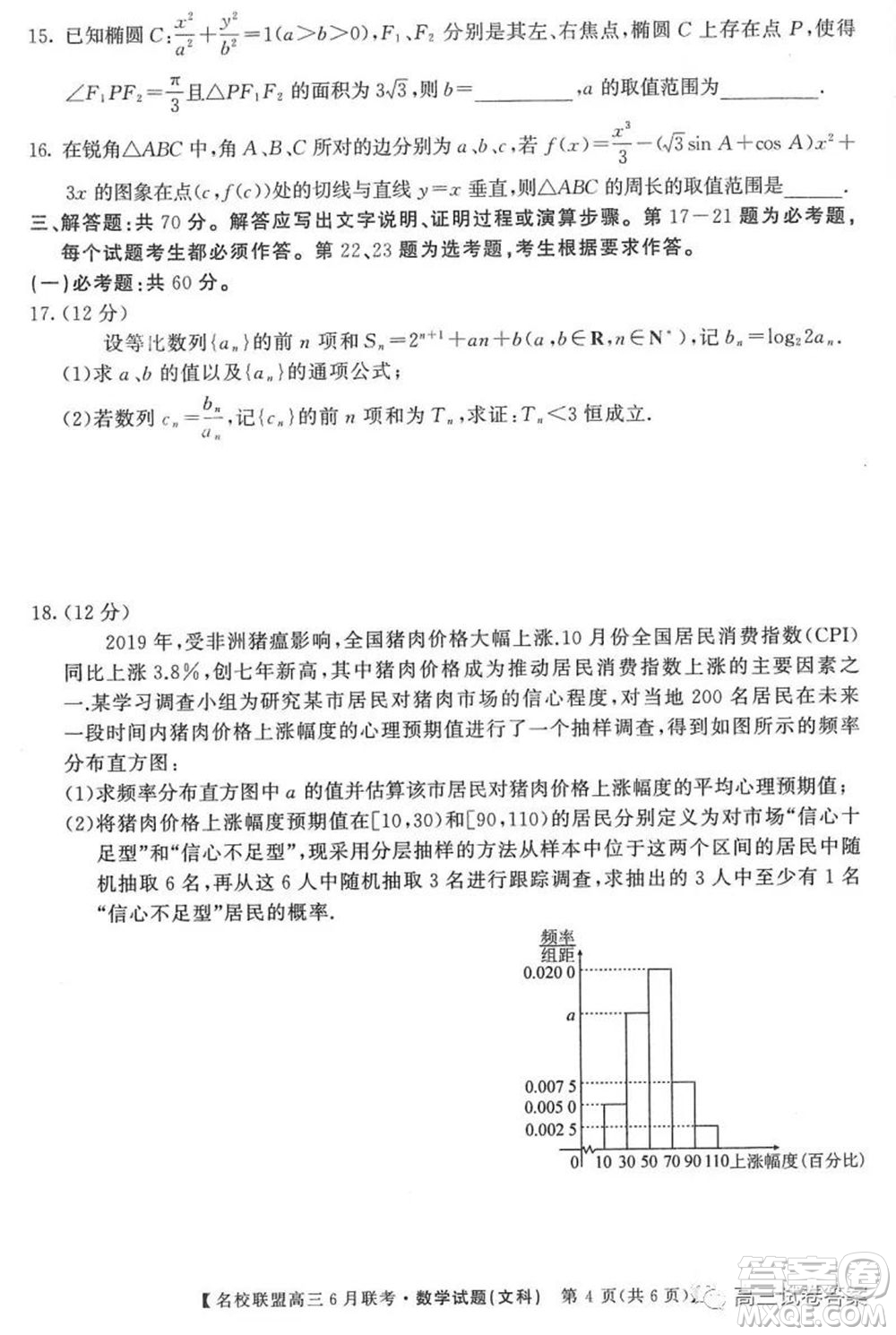 河南省名校聯(lián)盟2020屆高三下學(xué)期6月聯(lián)考文科數(shù)學(xué)試題及答案