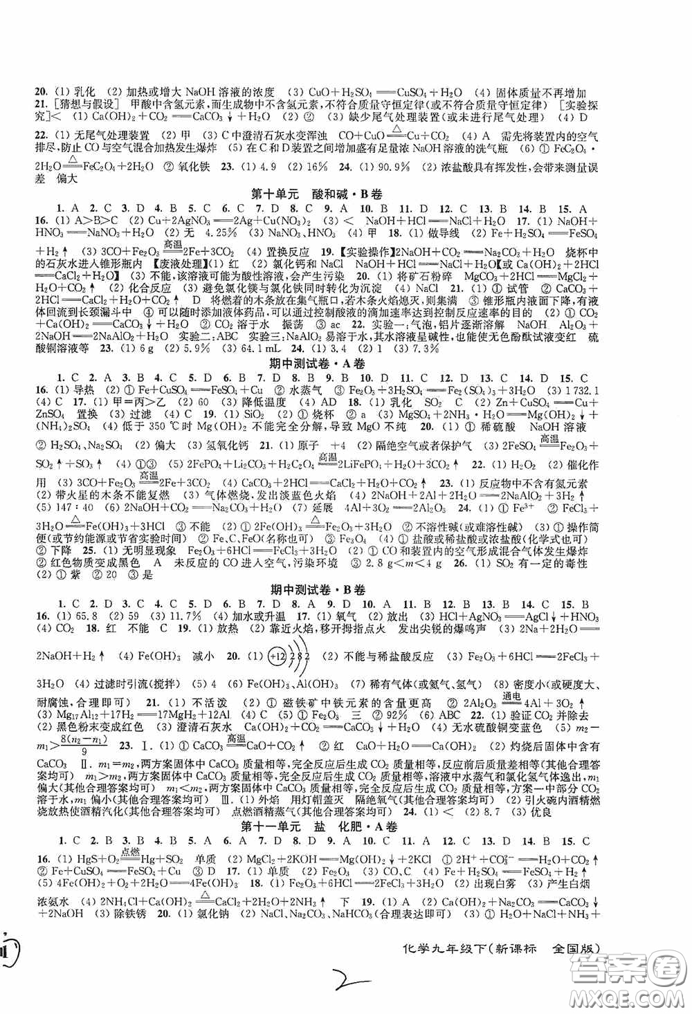 東南大學(xué)出版社2020江蘇密卷九年級化學(xué)下冊全國版答案