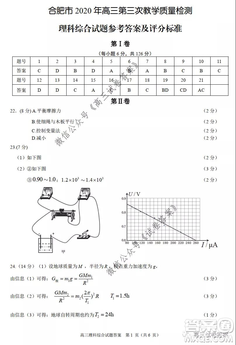 合肥市2020高三第三次教學(xué)質(zhì)量檢測(cè)理科綜合試題及答案