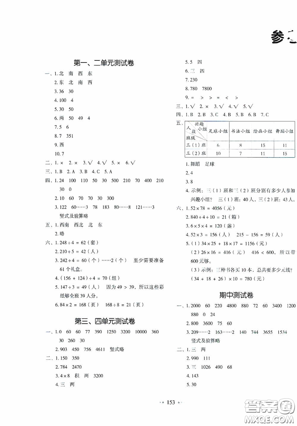 2020一本我愛寫作業(yè)同步測(cè)試卷小學(xué)數(shù)學(xué)三年級(jí)下冊(cè)人教版答案