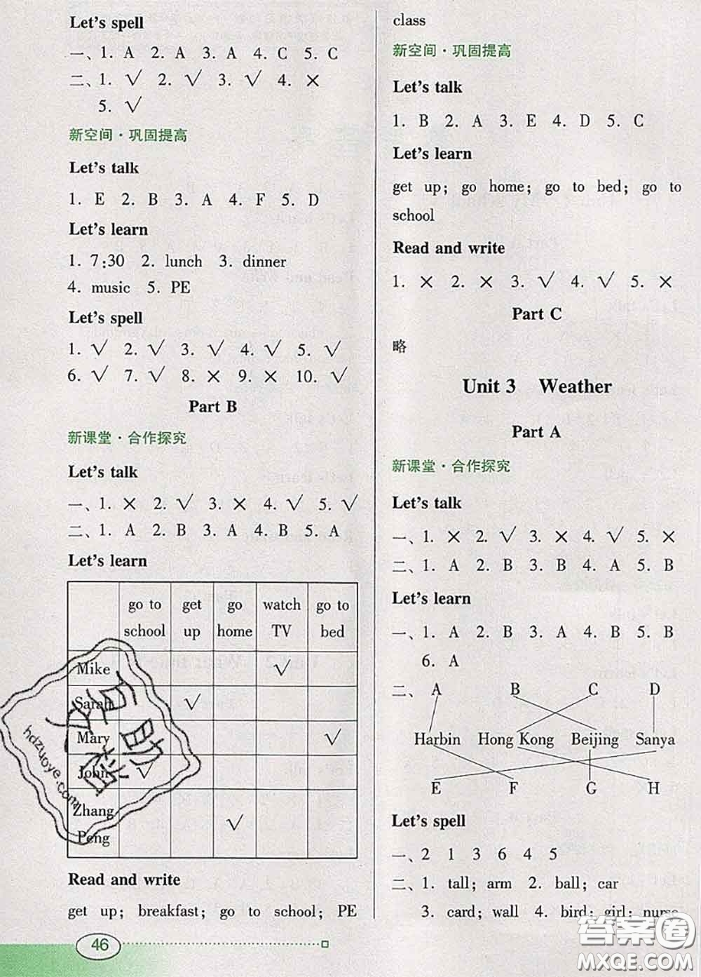 2020新版南方新課堂金牌學(xué)案四年級英語下冊人教版答案