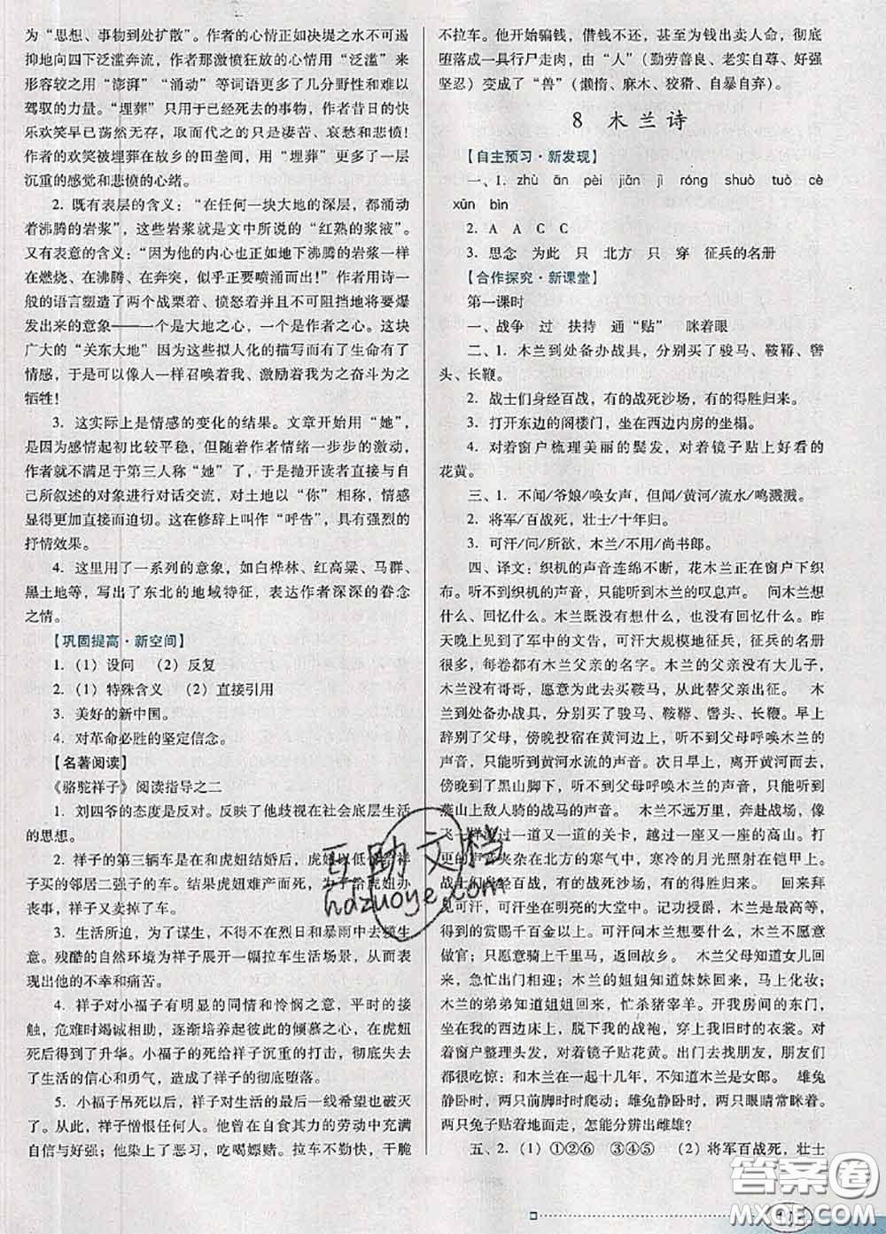 2020新版南方新課堂金牌學(xué)案七年級語文下冊人教版答案