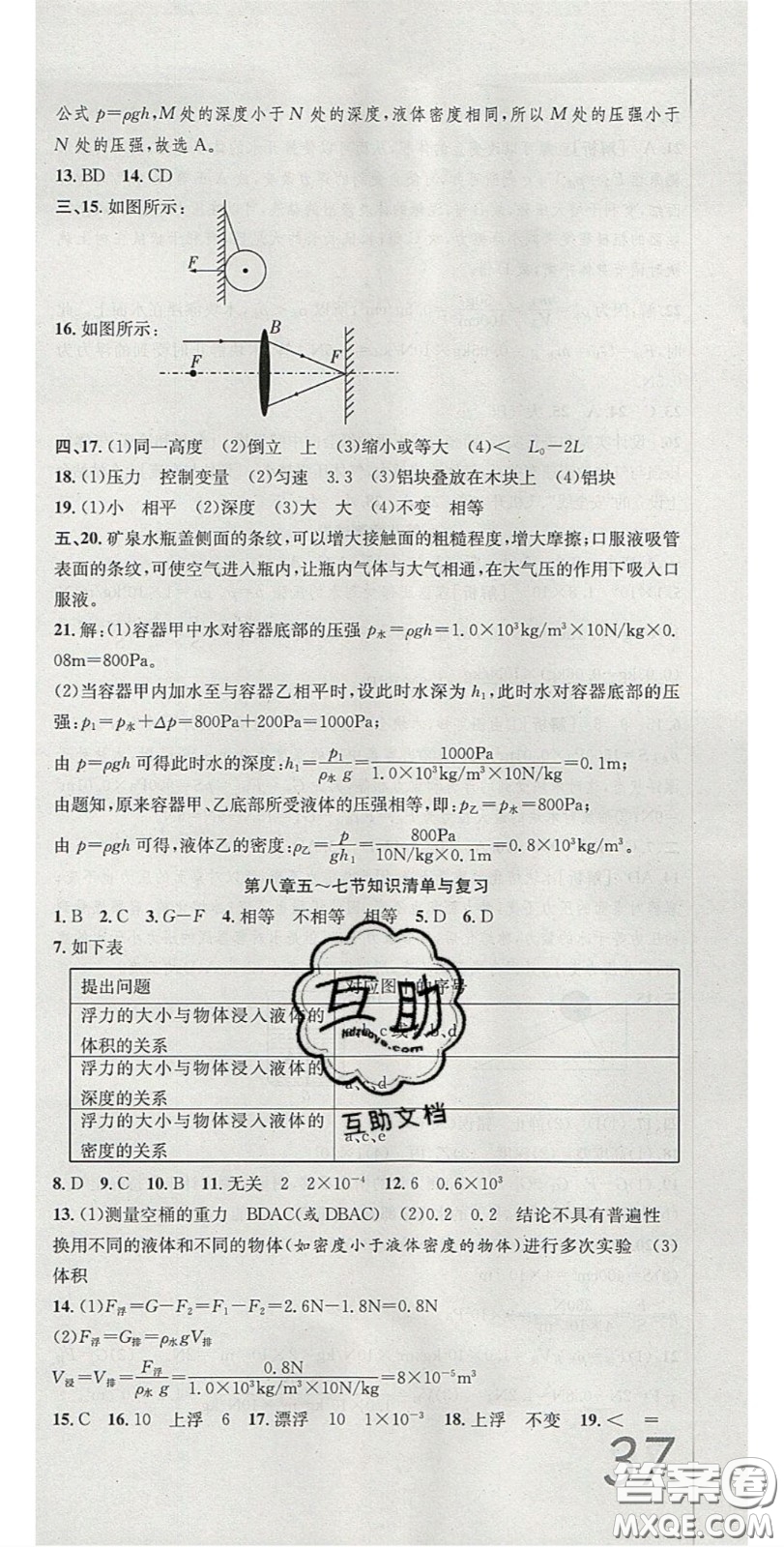 2020年高分裝備復(fù)習(xí)與測試八年級物理下冊北師大版答案