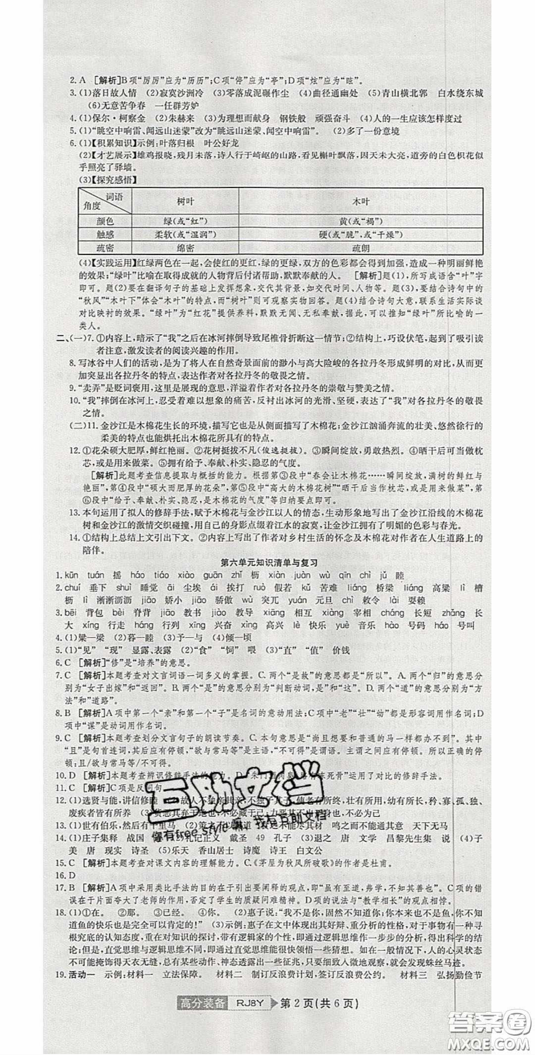 2020年高分裝備復習與測試八年級語文下冊人教版答案