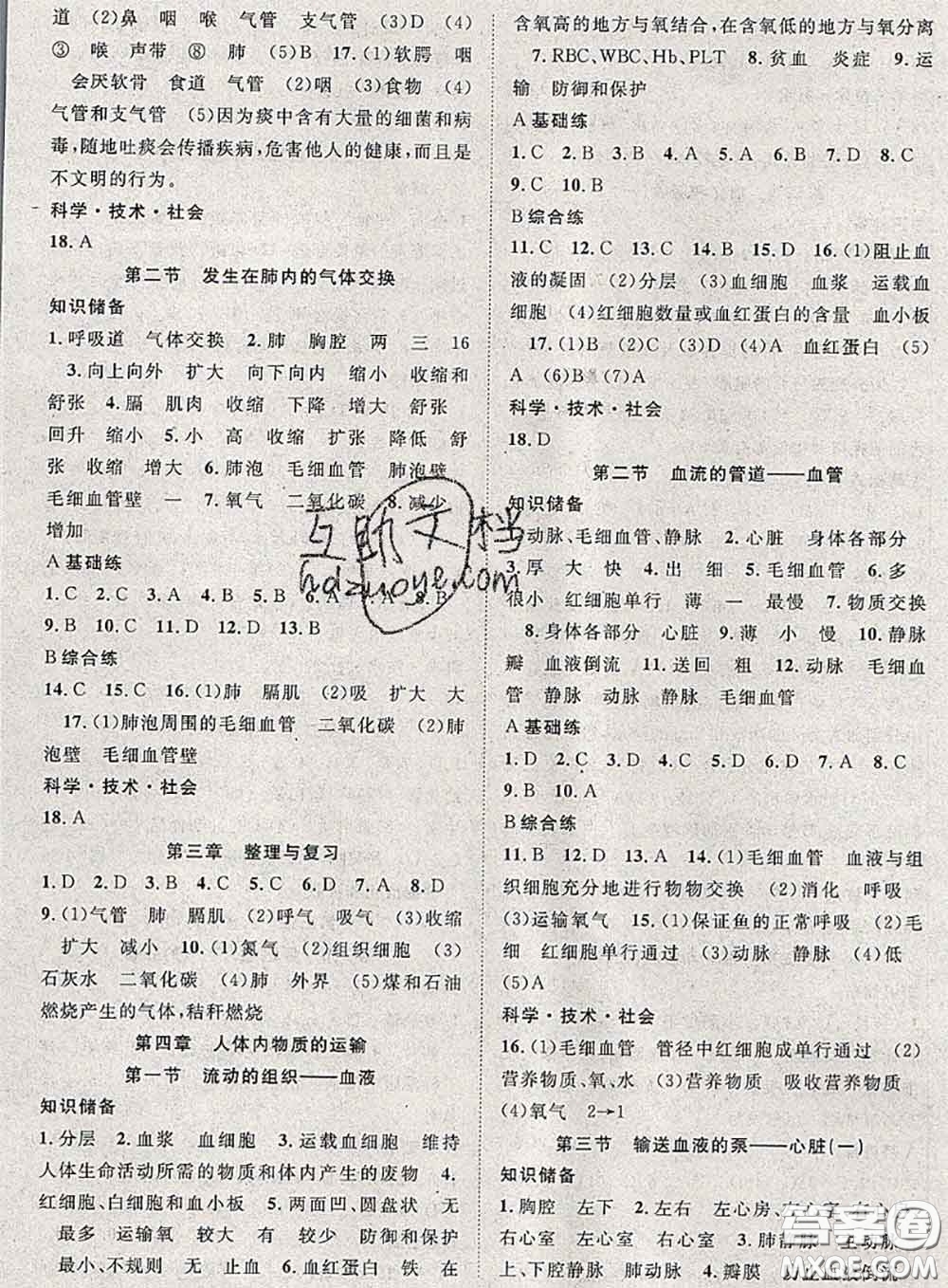 2020春優(yōu)質(zhì)課堂導(dǎo)學(xué)案七年級生物下冊人教版答案