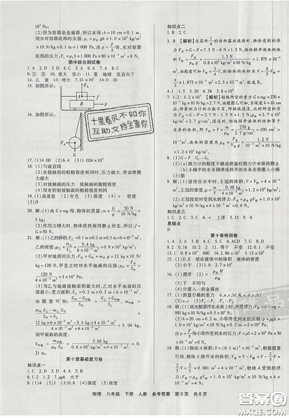 陽(yáng)光出版社2020年優(yōu)品單元與期末八年級(jí)物理下冊(cè)人教版答案