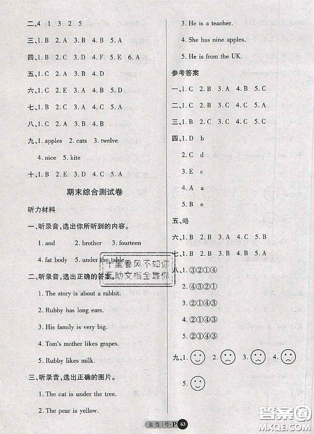 電子科技大學(xué)出版社2020新版金卷1號(hào)三年級(jí)英語(yǔ)下冊(cè)人教版答案