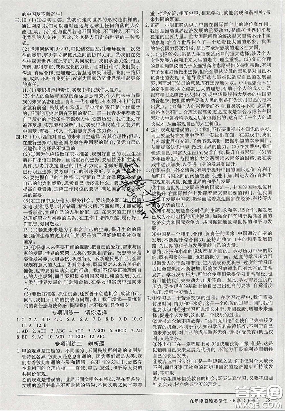 2020年優(yōu)品單元與期末九年級(jí)道德與法治下冊(cè)人教版答案