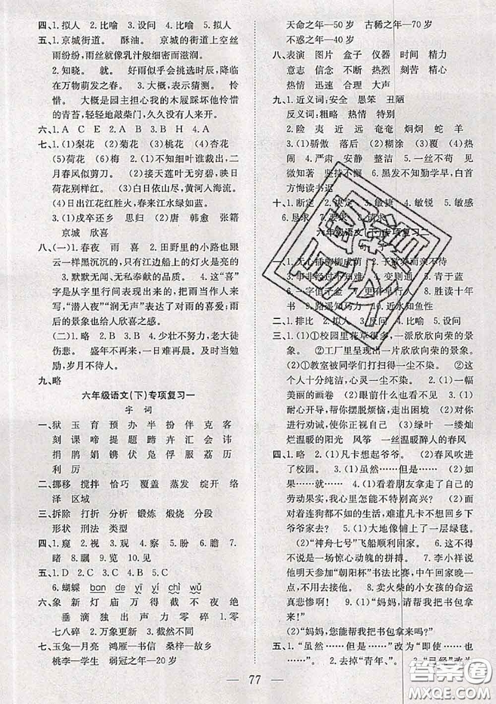 2020新版陽(yáng)光全優(yōu)大考卷六年級(jí)語(yǔ)文下冊(cè)人教版答案