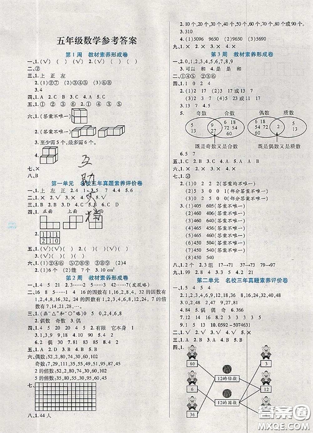 2020新版做對題核心素養(yǎng)卷五年級數(shù)學下冊人教版答案