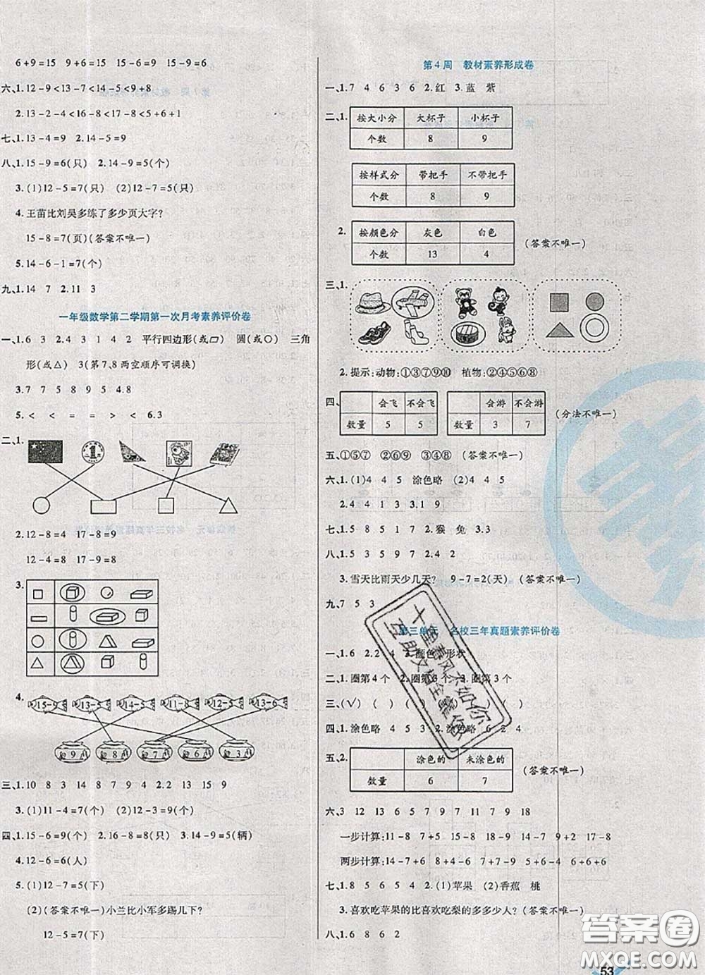 2020新版做對題核心素養(yǎng)卷一年級數(shù)學下冊人教版答案