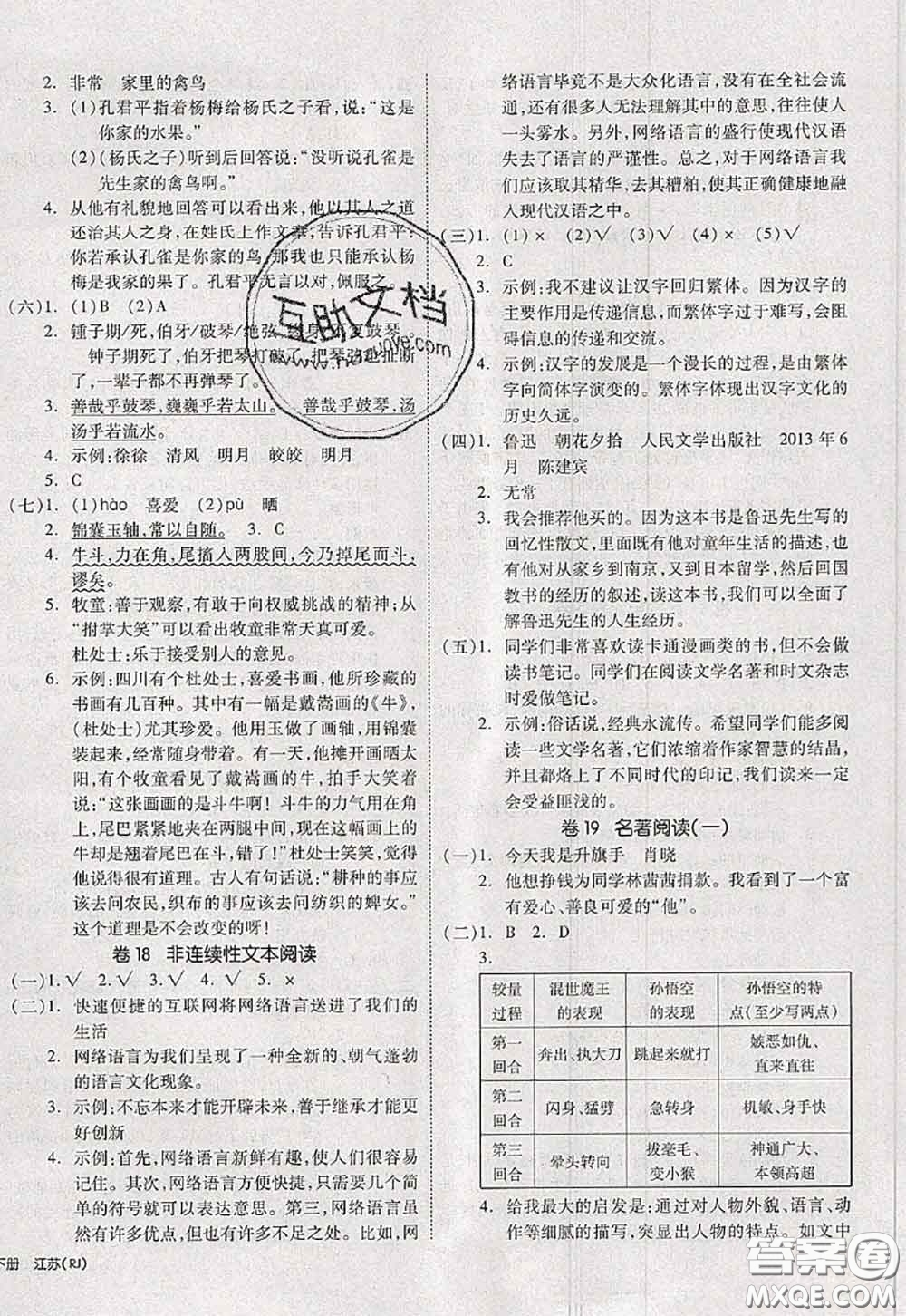 2020新版同步跟蹤期末沖刺六年級(jí)語(yǔ)文下冊(cè)人教版江蘇專(zhuān)版答案