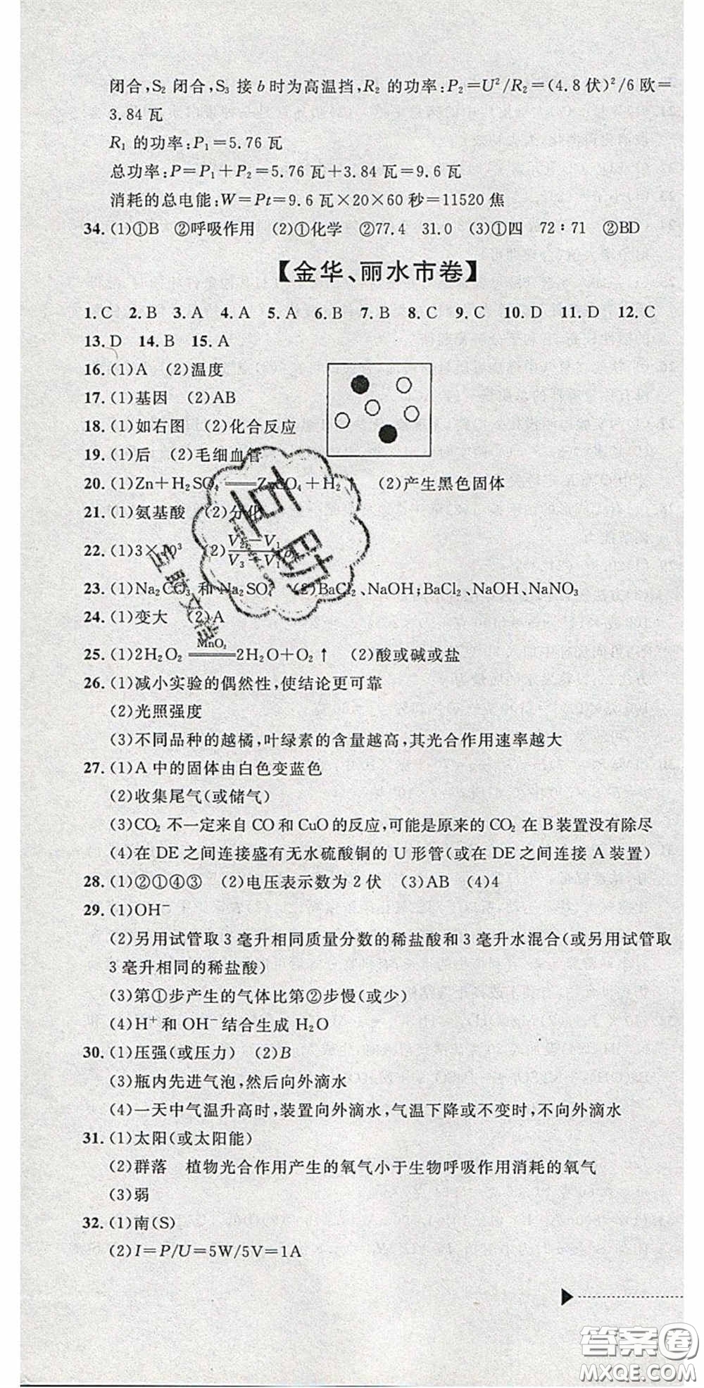 2020年中考必備2019中考利劍浙江省中考試卷匯編科學(xué)答案