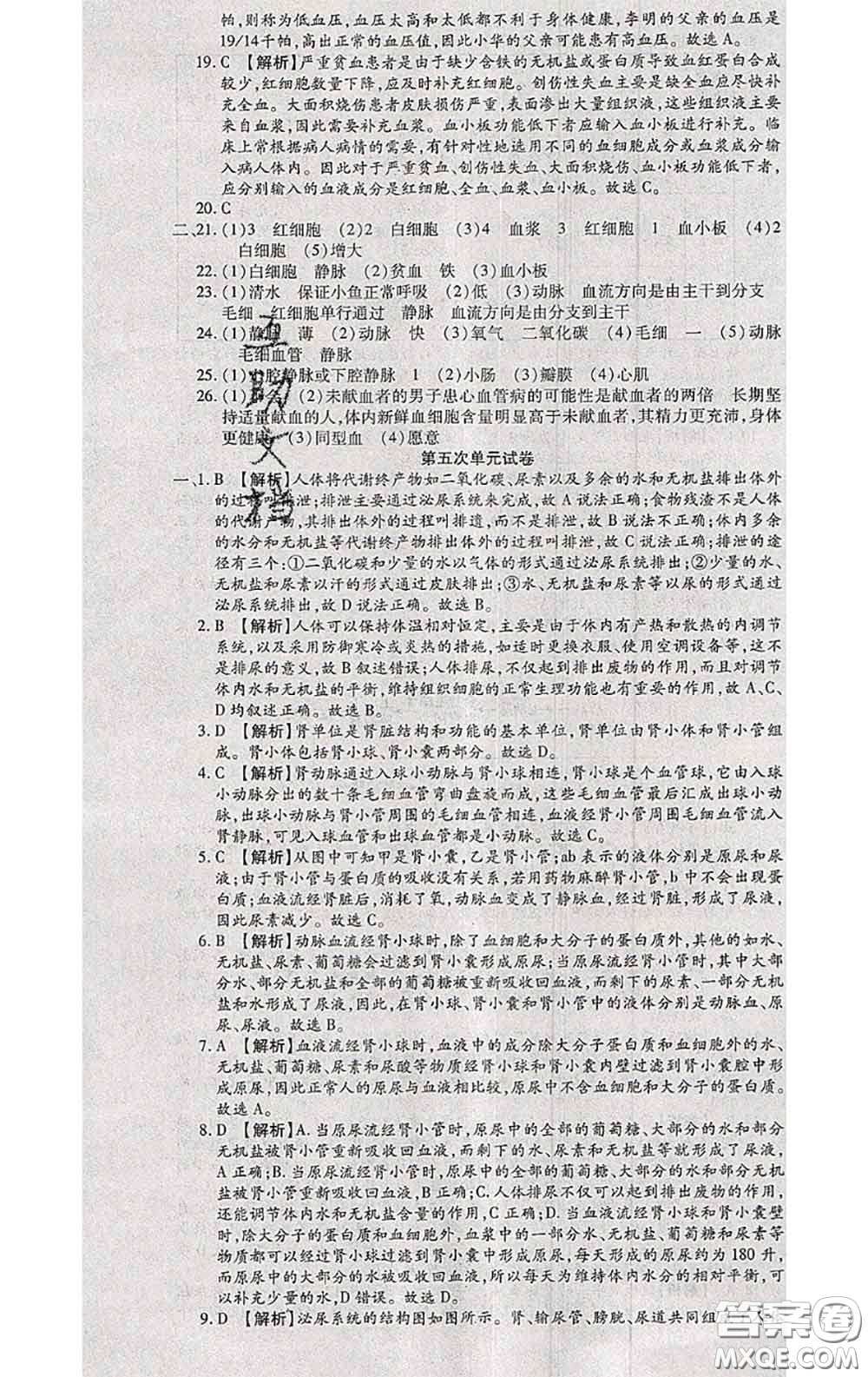 2020春全程測評試卷七年級生物下冊人教版答案