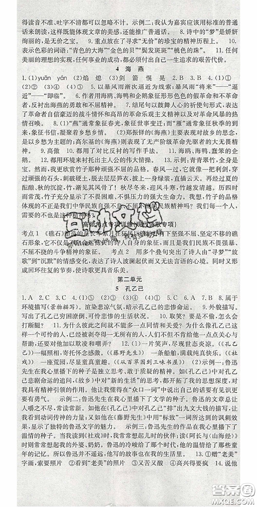 2020宏遠龍七天學(xué)案學(xué)練考九年級語文下冊人教版答案