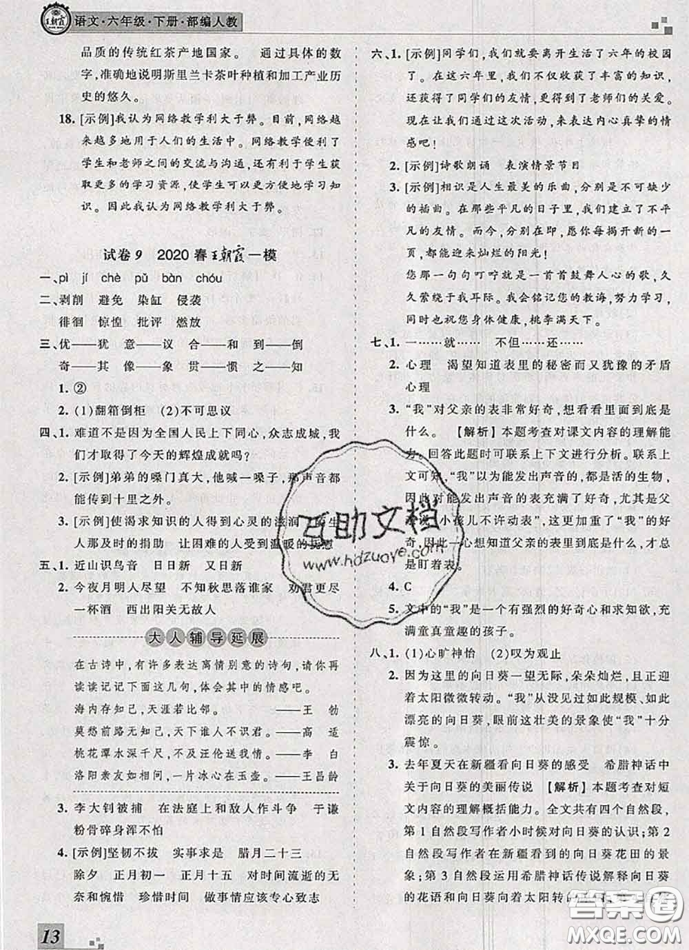 2020年王朝霞各地期末試卷精選六年級(jí)語文下冊(cè)人教版河南專版答案