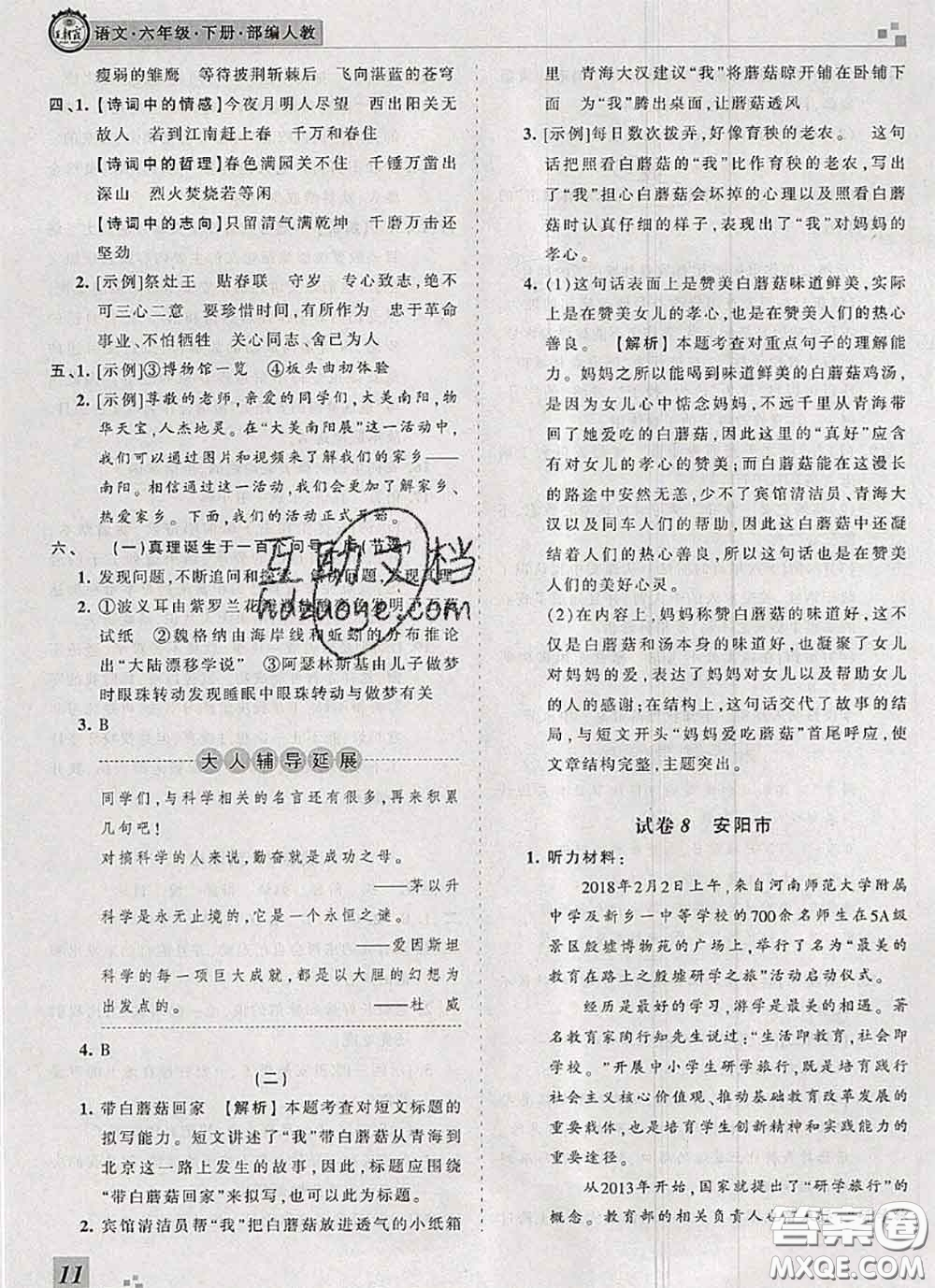 2020年王朝霞各地期末試卷精選六年級(jí)語文下冊(cè)人教版河南專版答案